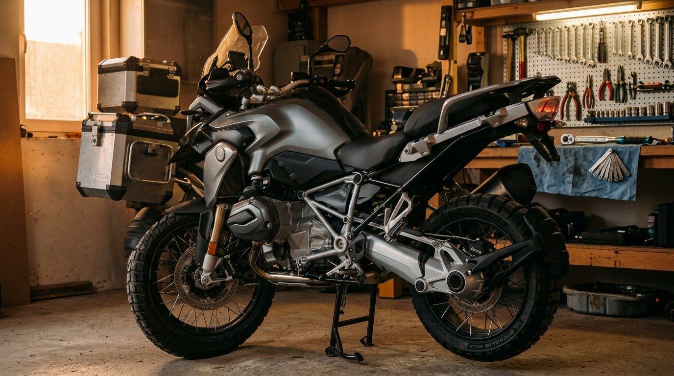 A BMW boxer motorcycle on its centre stand in a workshop